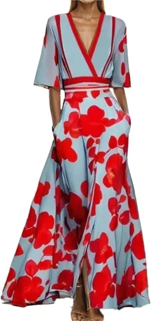 2025 Women's Summer Floral Printed Maxi Elegant V Neck Belted Wedding Prom Cocktail Beach Dresses
