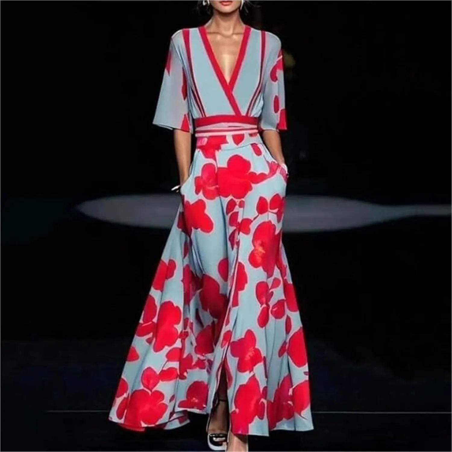 2025 Women's Summer Floral Printed Maxi Elegant V Neck Belted Wedding Prom Cocktail Beach Dresses