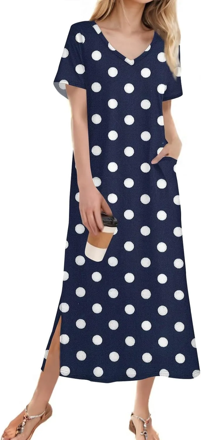 Beach Vacation Clothes for Women Summer Spring Dresses 2025 Short Sleeve Sundresses Slit Hem Maxi Dresses