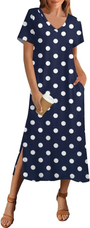 Beach Vacation Clothes for Women Summer Spring Dresses 2025 Short Sleeve Sundresses Slit Hem Maxi Dresses