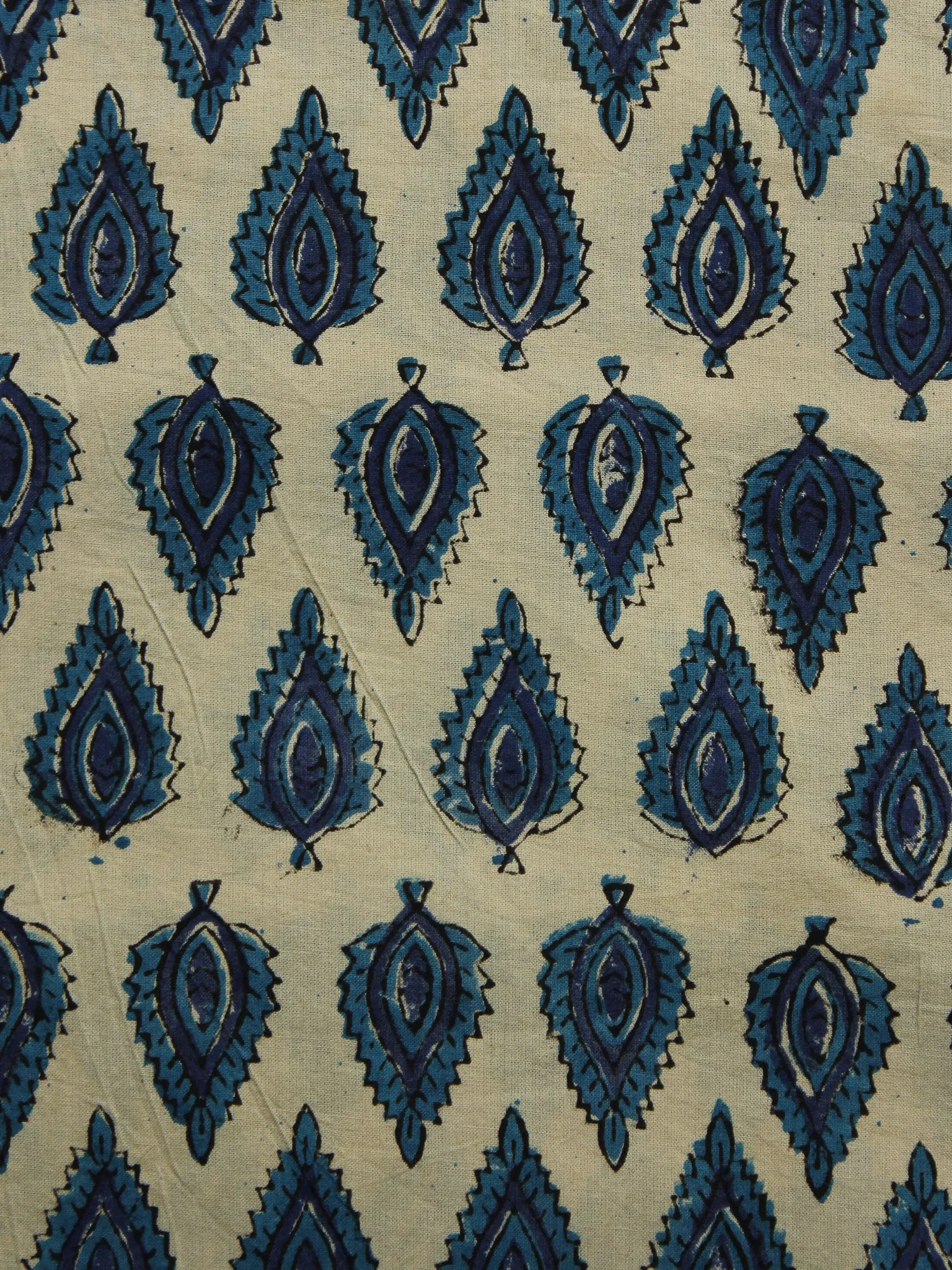 Beige Indigo Black Hand Block Printed Cotton Fabric Per Meter - F001F1083