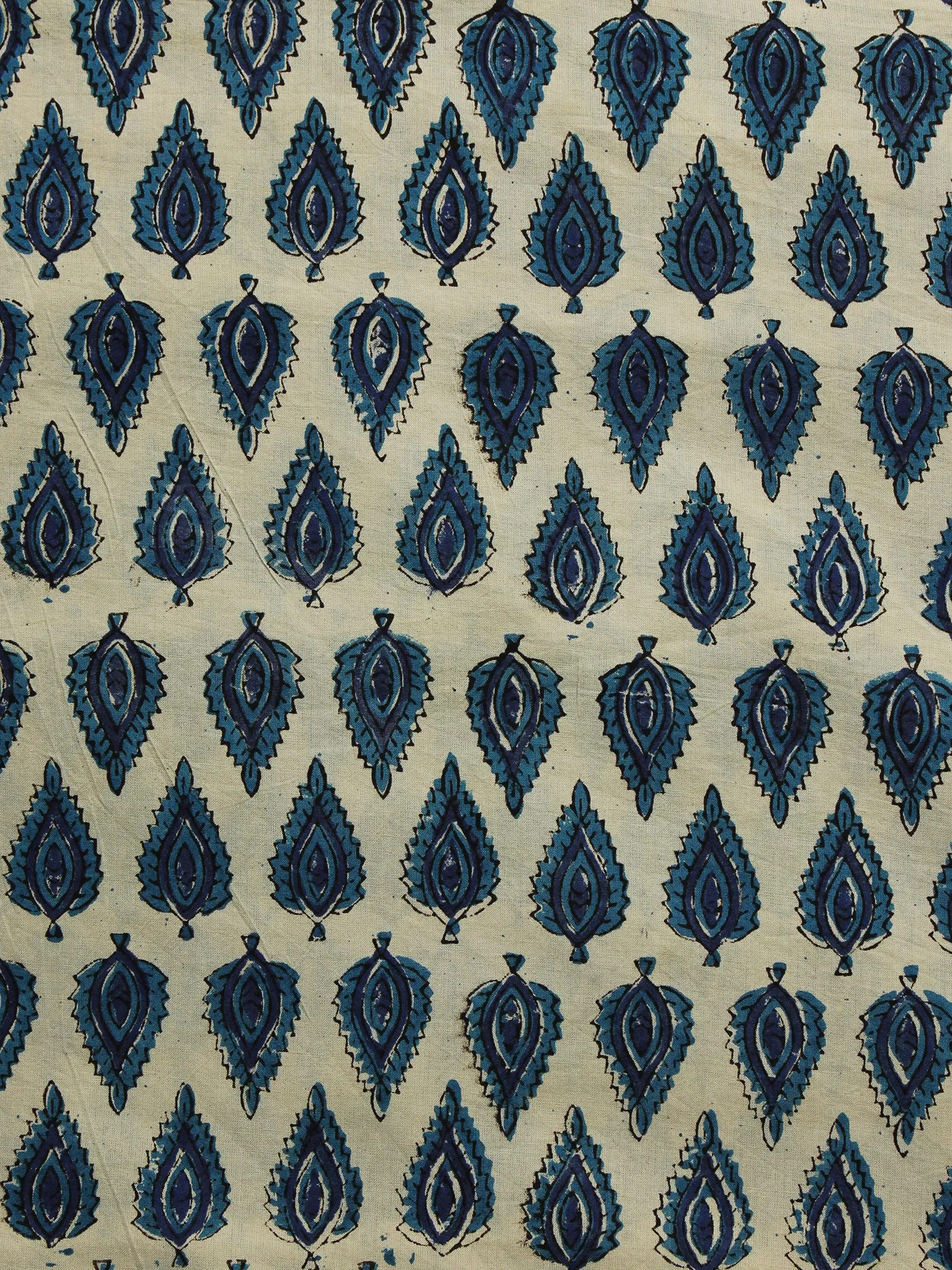 Beige Indigo Black Hand Block Printed Cotton Fabric Per Meter - F001F1083