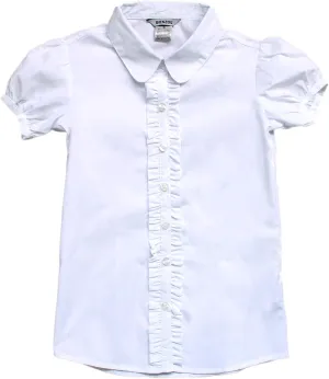 Bienzoe Girls Shirt Short Sleeve: White Button Up Kids School Uniform Cotton Oxford Collar Ruffle Dress Blouse