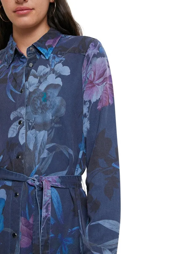 Blue Floral Shirt Collar Dress