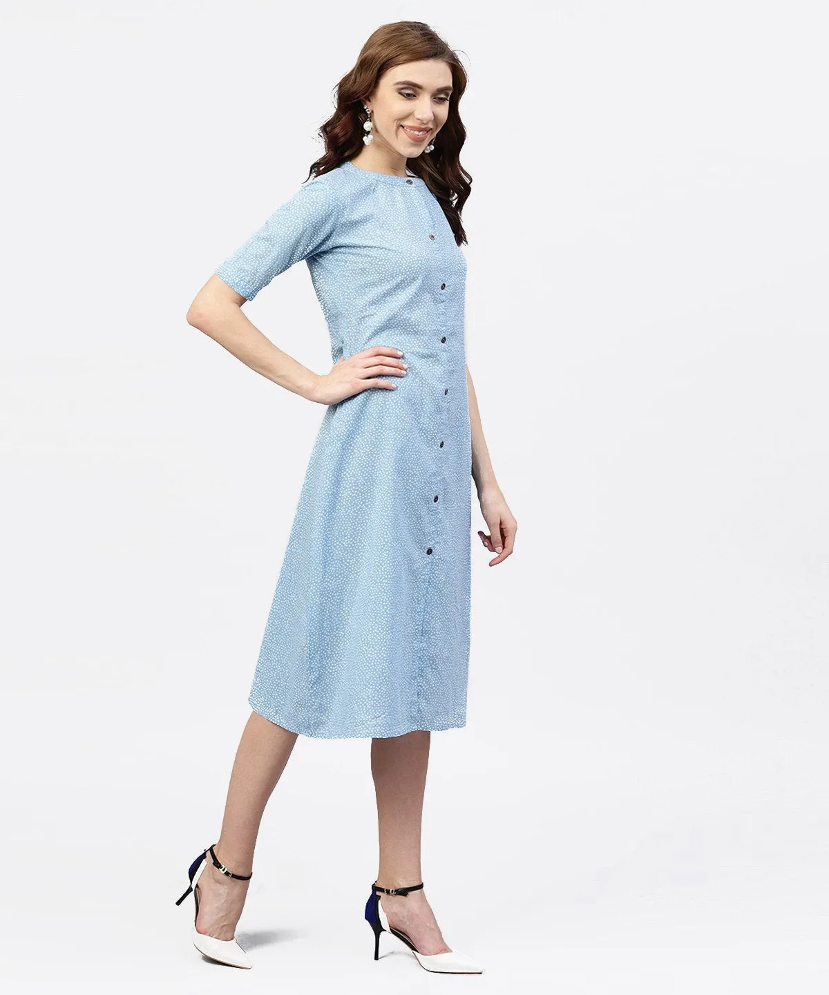 Blue Printed 3/4Th Sleeve Cotton A-Line Dress