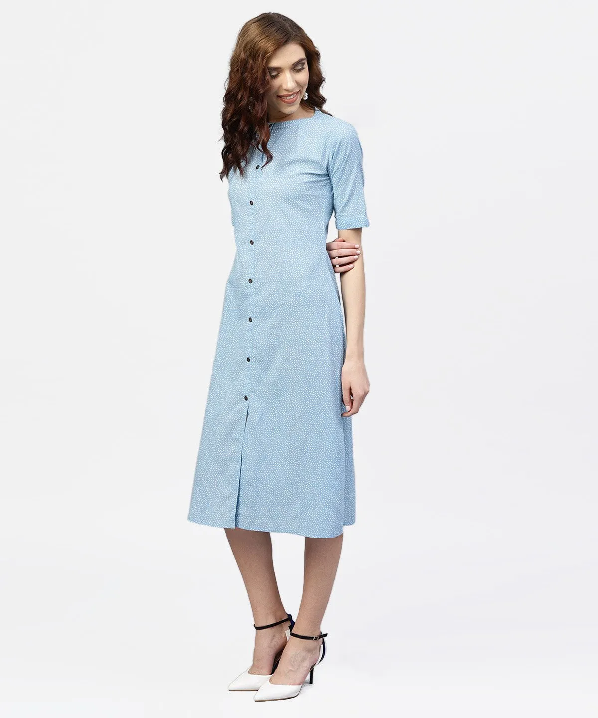 Blue Printed 3/4Th Sleeve Cotton A-Line Dress