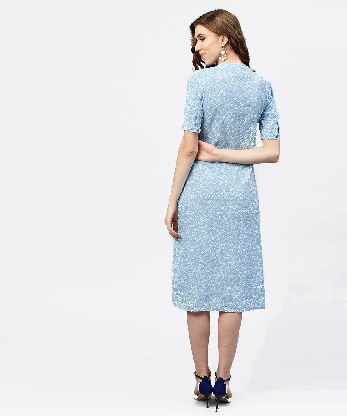 Blue Printed 3/4Th Sleeve Cotton A-Line Dress