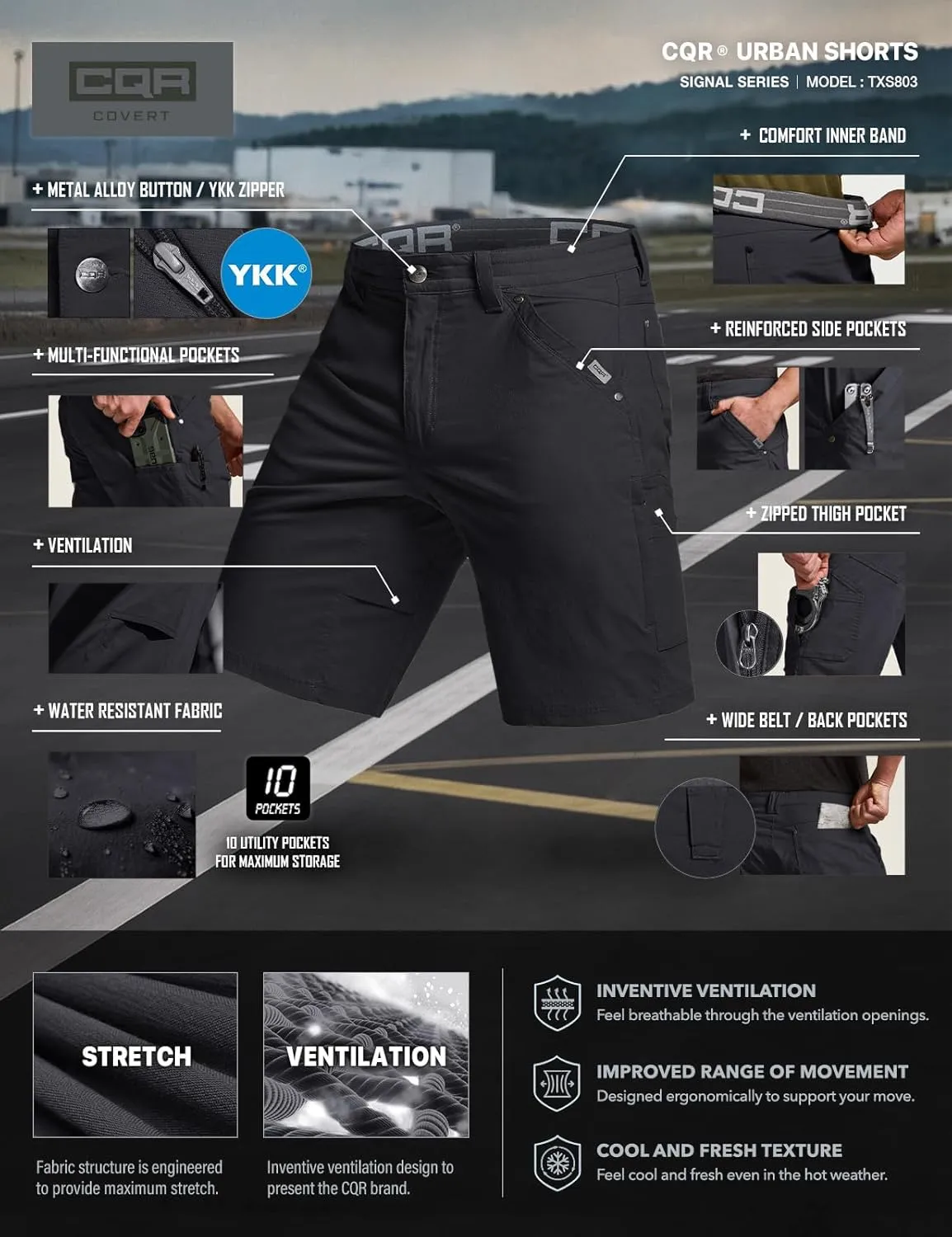 CQR Men's Stretch Utility Shorts, Lightweight Quick Dry Casual Shorts, Hiking Golf Cargo Shorts with Zipper Pockets