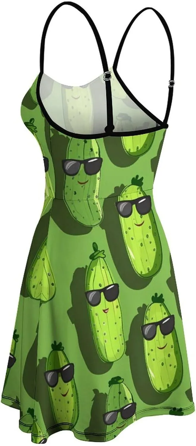 Cute Pickle Printed Women's Slip Dress Casual Sleeveless Swing Sundress Sexy Mini Dress for Summer Beach