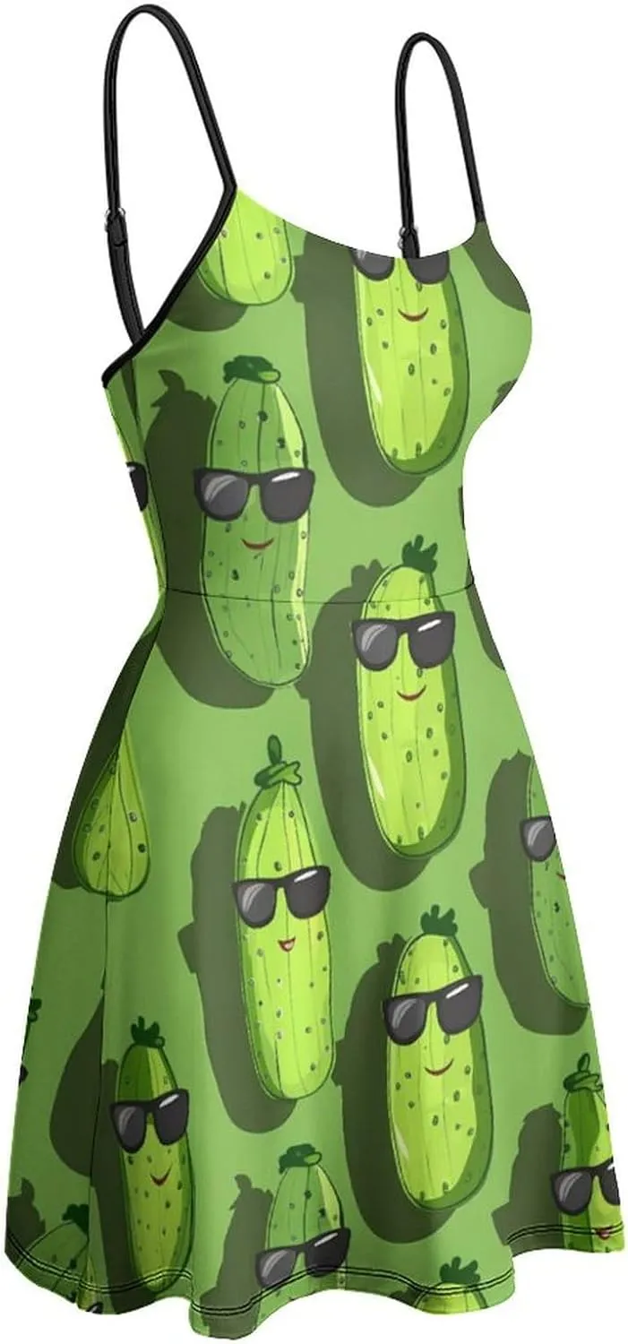 Cute Pickle Printed Women's Slip Dress Casual Sleeveless Swing Sundress Sexy Mini Dress for Summer Beach