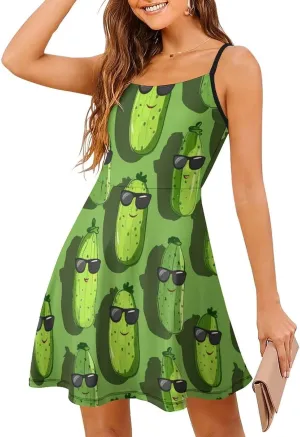 Cute Pickle Printed Women's Slip Dress Casual Sleeveless Swing Sundress Sexy Mini Dress for Summer Beach