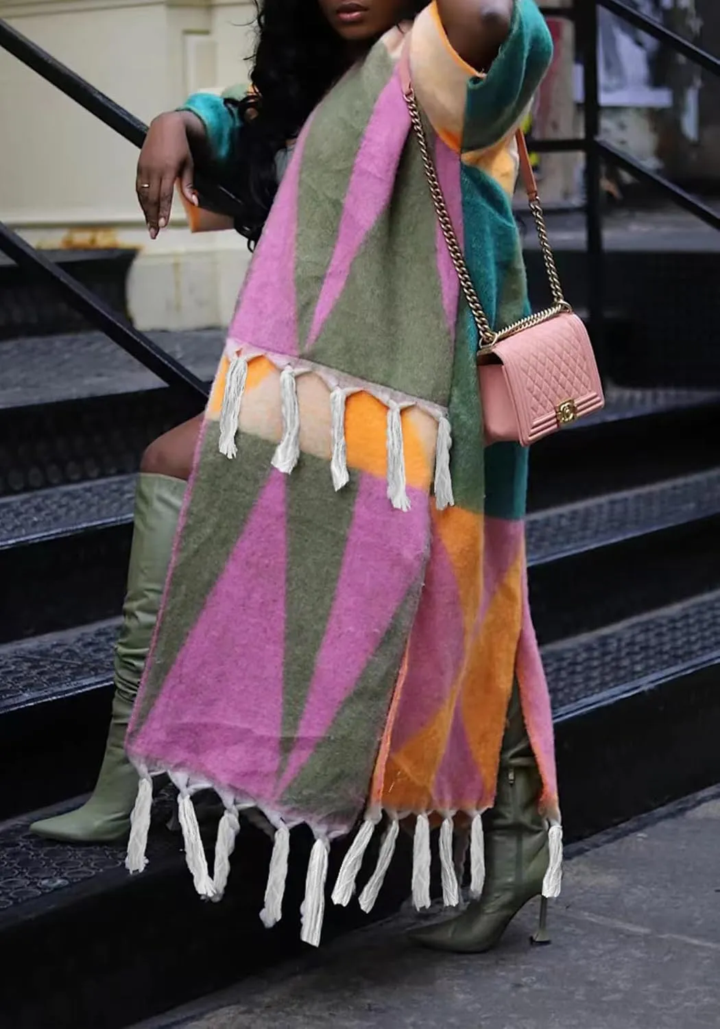 Ecirod Womens 2024 Fall Open Front Fringe Knit Cardigan Long Sweaters Aztec Double Slit Tassels Kimono Duster Cardigans