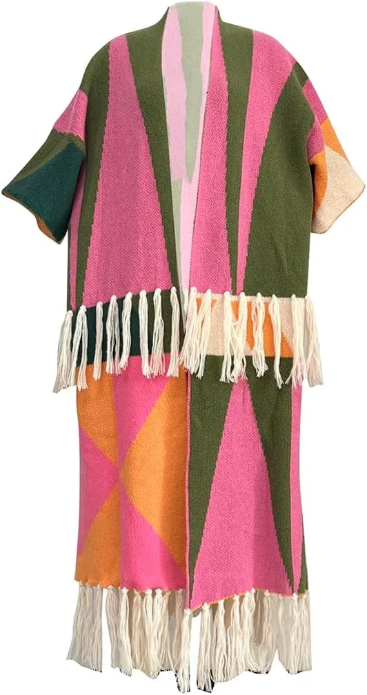 Ecirod Womens 2024 Fall Open Front Fringe Knit Cardigan Long Sweaters Aztec Double Slit Tassels Kimono Duster Cardigans