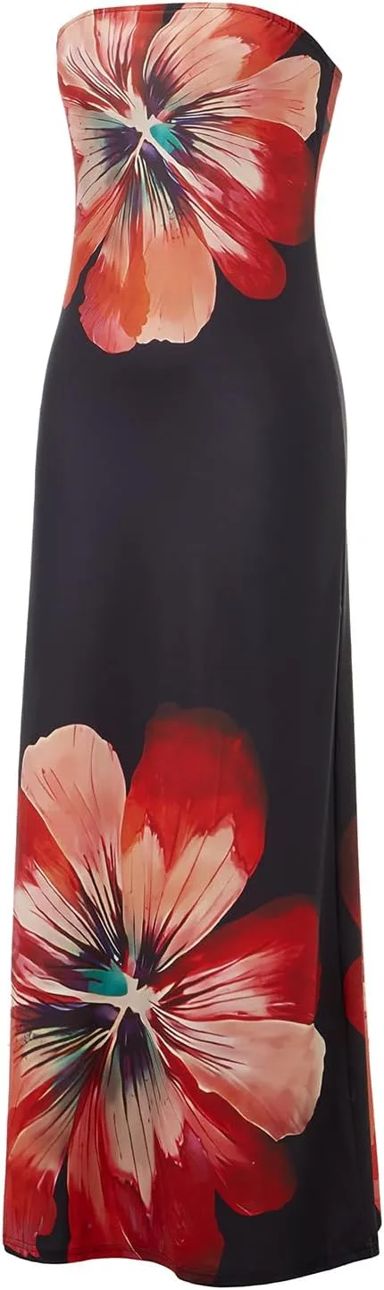 Faretumiya Womens Bohemian Floral Printed Tube Maxi Dress Strapless Off The Shoulder Flowy Boho Loose Beach Long Dress