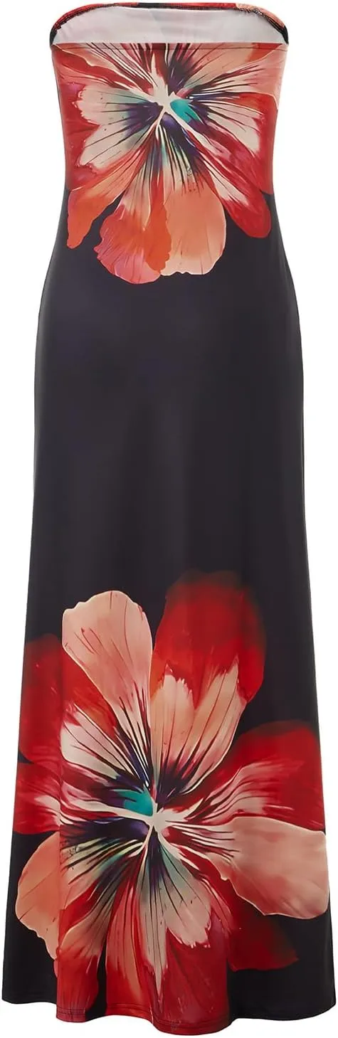 Faretumiya Womens Bohemian Floral Printed Tube Maxi Dress Strapless Off The Shoulder Flowy Boho Loose Beach Long Dress