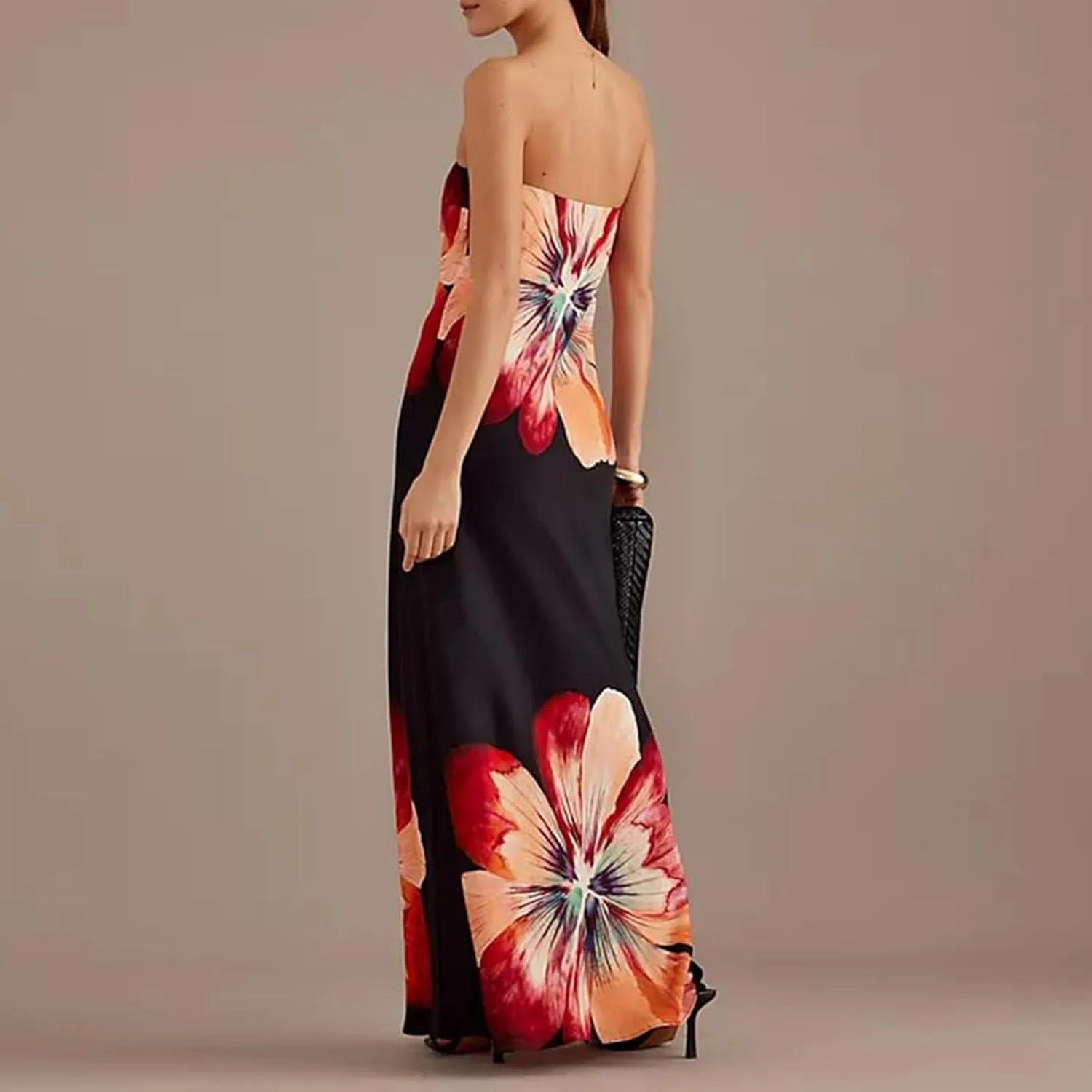 Faretumiya Womens Bohemian Floral Printed Tube Maxi Dress Strapless Off The Shoulder Flowy Boho Loose Beach Long Dress