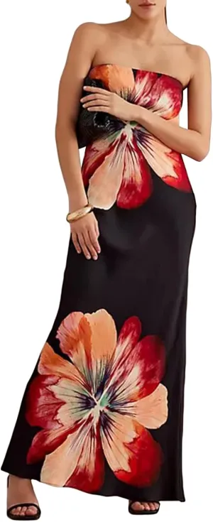 Faretumiya Womens Bohemian Floral Printed Tube Maxi Dress Strapless Off The Shoulder Flowy Boho Loose Beach Long Dress