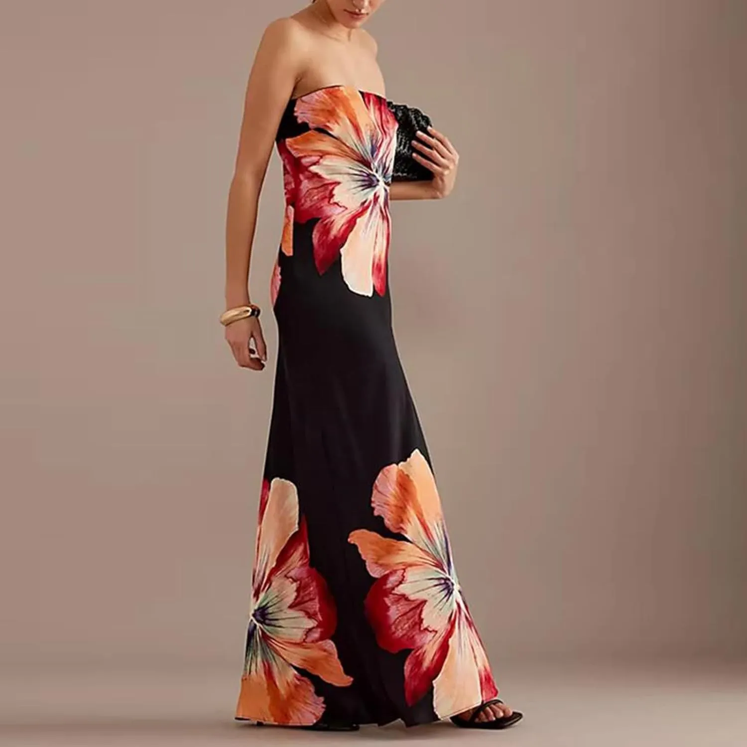 Faretumiya Womens Bohemian Floral Printed Tube Maxi Dress Strapless Off The Shoulder Flowy Boho Loose Beach Long Dress