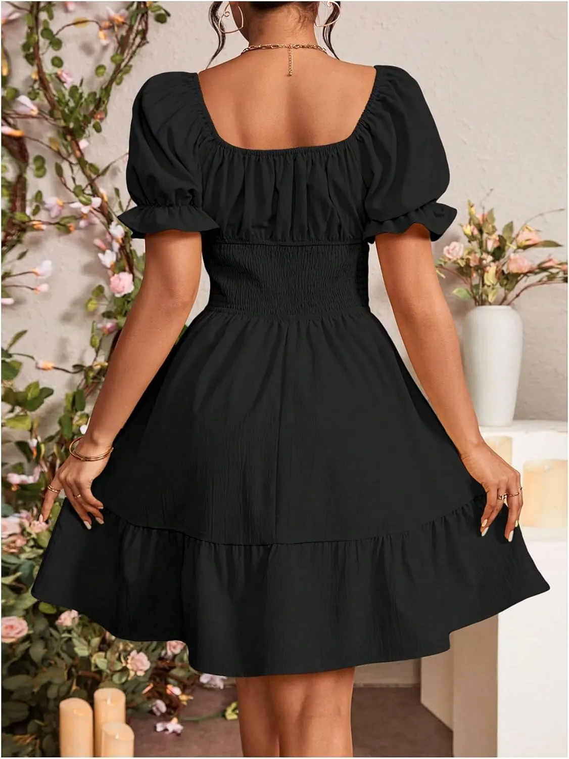 Floerns Women's Short Puff Sleeve Tie Front Milkmaid Dress Ruffle Hem A Line Dress