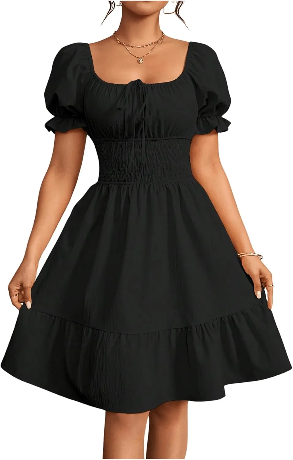 Floerns Women's Short Puff Sleeve Tie Front Milkmaid Dress Ruffle Hem A Line Dress