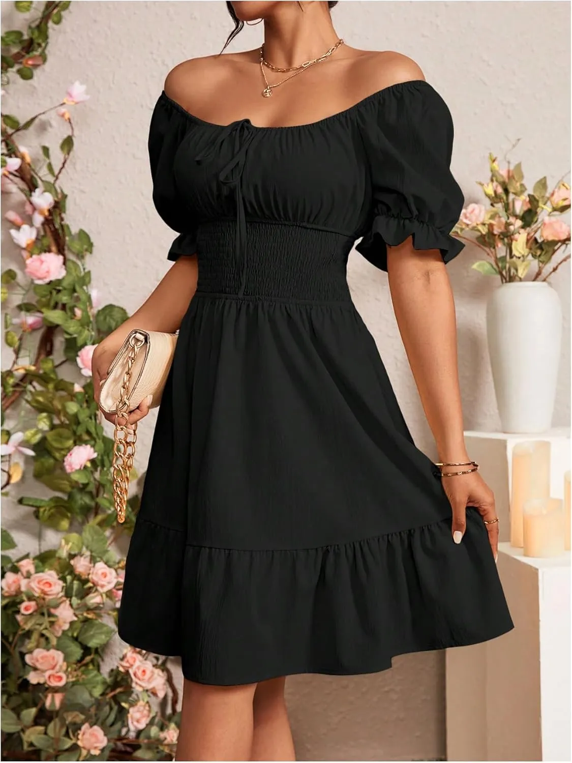 Floerns Women's Short Puff Sleeve Tie Front Milkmaid Dress Ruffle Hem A Line Dress