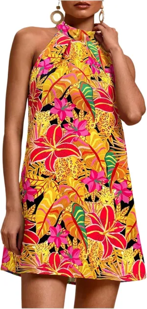 Floerns Women's Sleeveless Floral Print Sundress Halter Neck A Line Short Dress