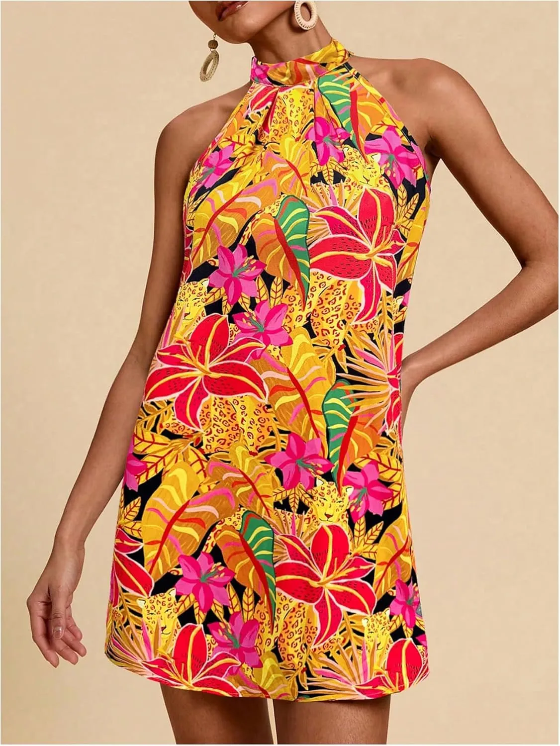Floerns Women's Sleeveless Floral Print Sundress Halter Neck A Line Short Dress