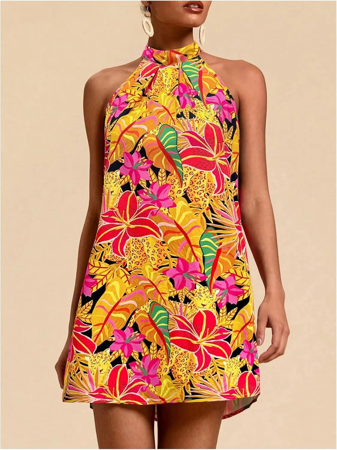 Floerns Women's Sleeveless Floral Print Sundress Halter Neck A Line Short Dress