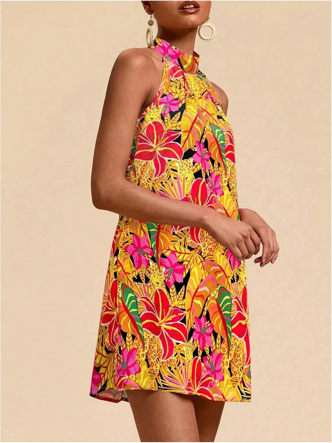 Floerns Women's Sleeveless Floral Print Sundress Halter Neck A Line Short Dress