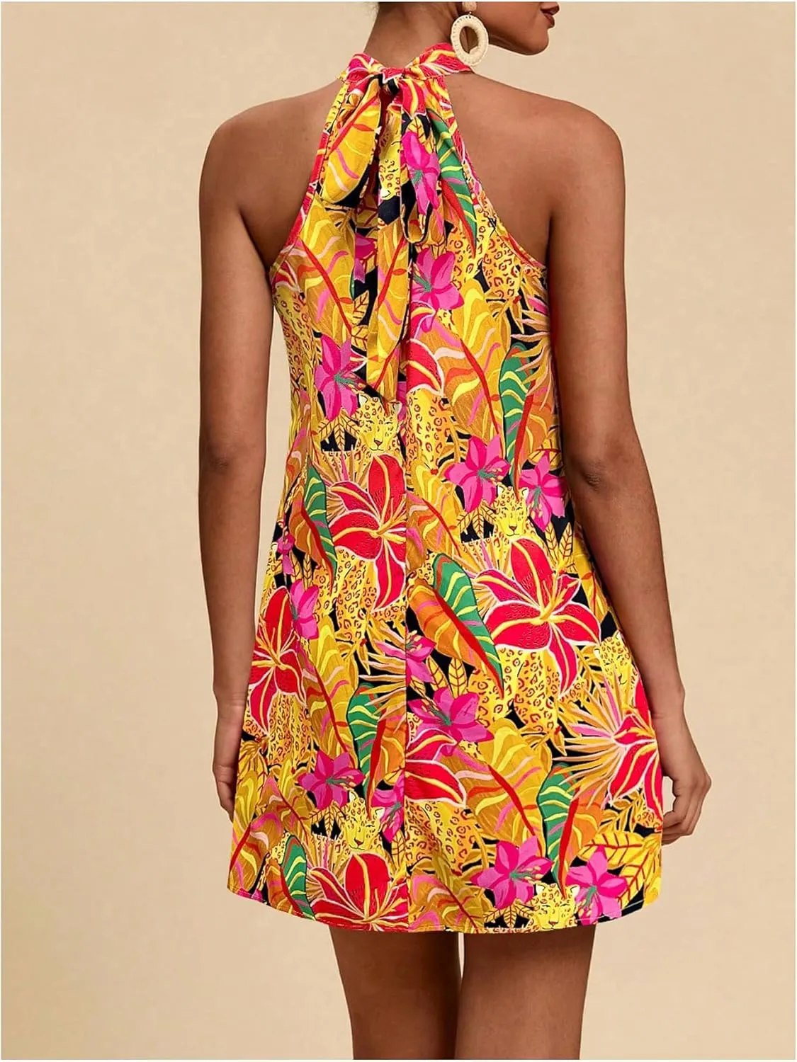 Floerns Women's Sleeveless Floral Print Sundress Halter Neck A Line Short Dress