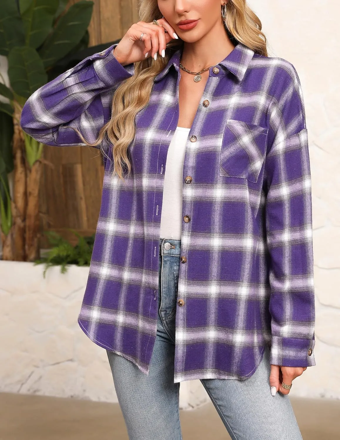 HOTOUCH Womens Flannel Plaid Shirts Cotton Casual Long Sleeve Blouse Classic Collared Button Down 2025 Fall Tops S-2XL