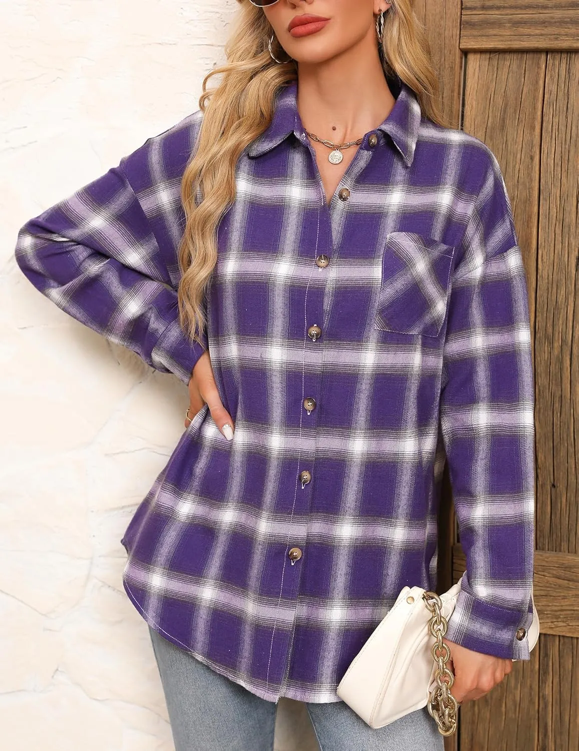 HOTOUCH Womens Flannel Plaid Shirts Cotton Casual Long Sleeve Blouse Classic Collared Button Down 2025 Fall Tops S-2XL