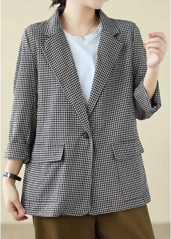 IDEALSANXUN Cotton Linen Blazer for Women Plaid Oversized Long Sleeve Lightweight 2024 Spring Summer Jackets Tops