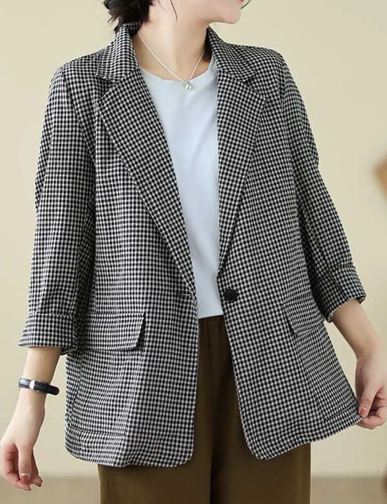 IDEALSANXUN Cotton Linen Blazer for Women Plaid Oversized Long Sleeve Lightweight 2024 Spring Summer Jackets Tops