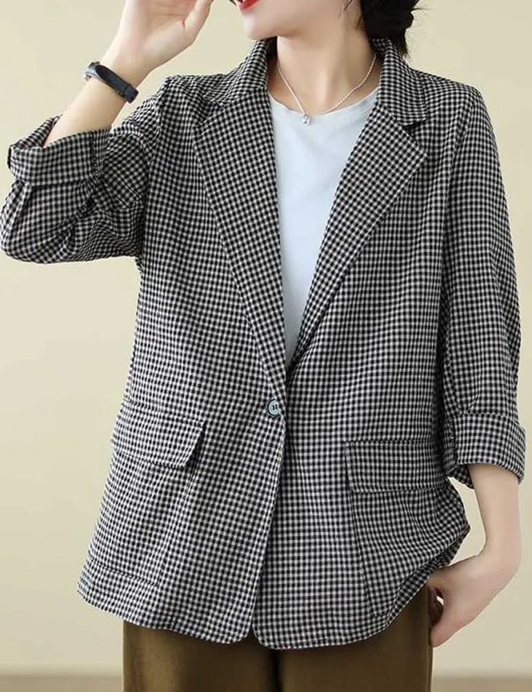 IDEALSANXUN Cotton Linen Blazer for Women Plaid Oversized Long Sleeve Lightweight 2024 Spring Summer Jackets Tops