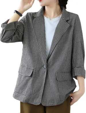 IDEALSANXUN Cotton Linen Blazer for Women Plaid Oversized Long Sleeve Lightweight 2024 Spring Summer Jackets Tops