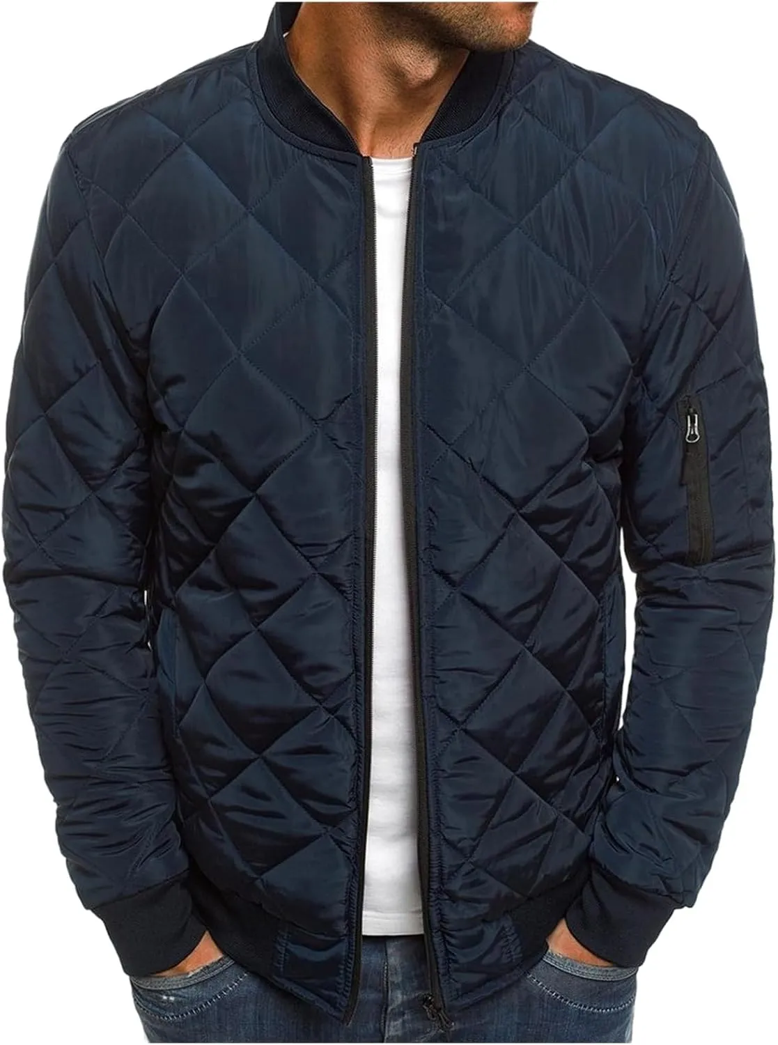Men's Diamond Quilted Bomber Jacket Fall Winter Rib Varsity Lightweight Coat Flight Winter Warm Padded Coats for Men