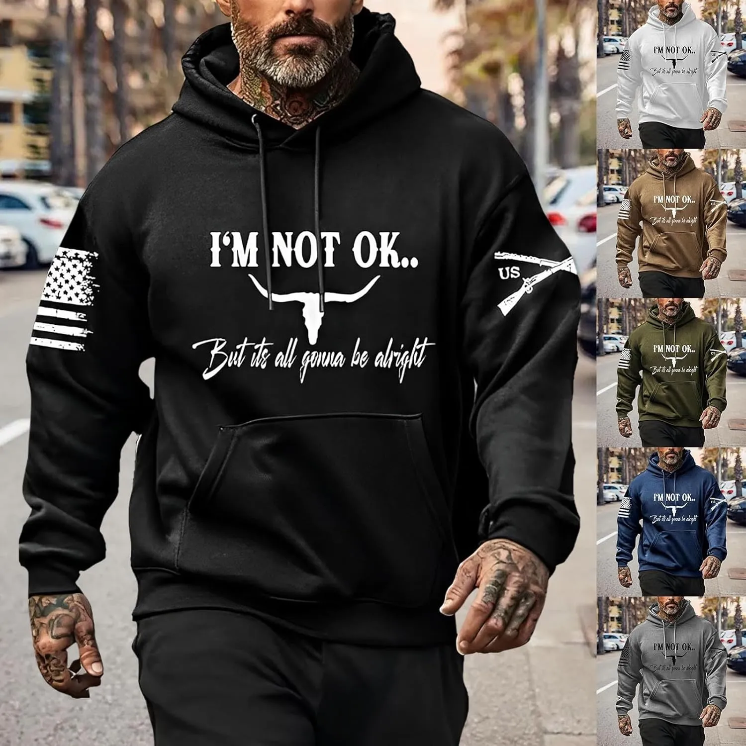 Men's Fashion I'm Not Ok But Its All Gonna Be Alright Print Positive Casual Soft Hoodie Crewneck Long Sleeve