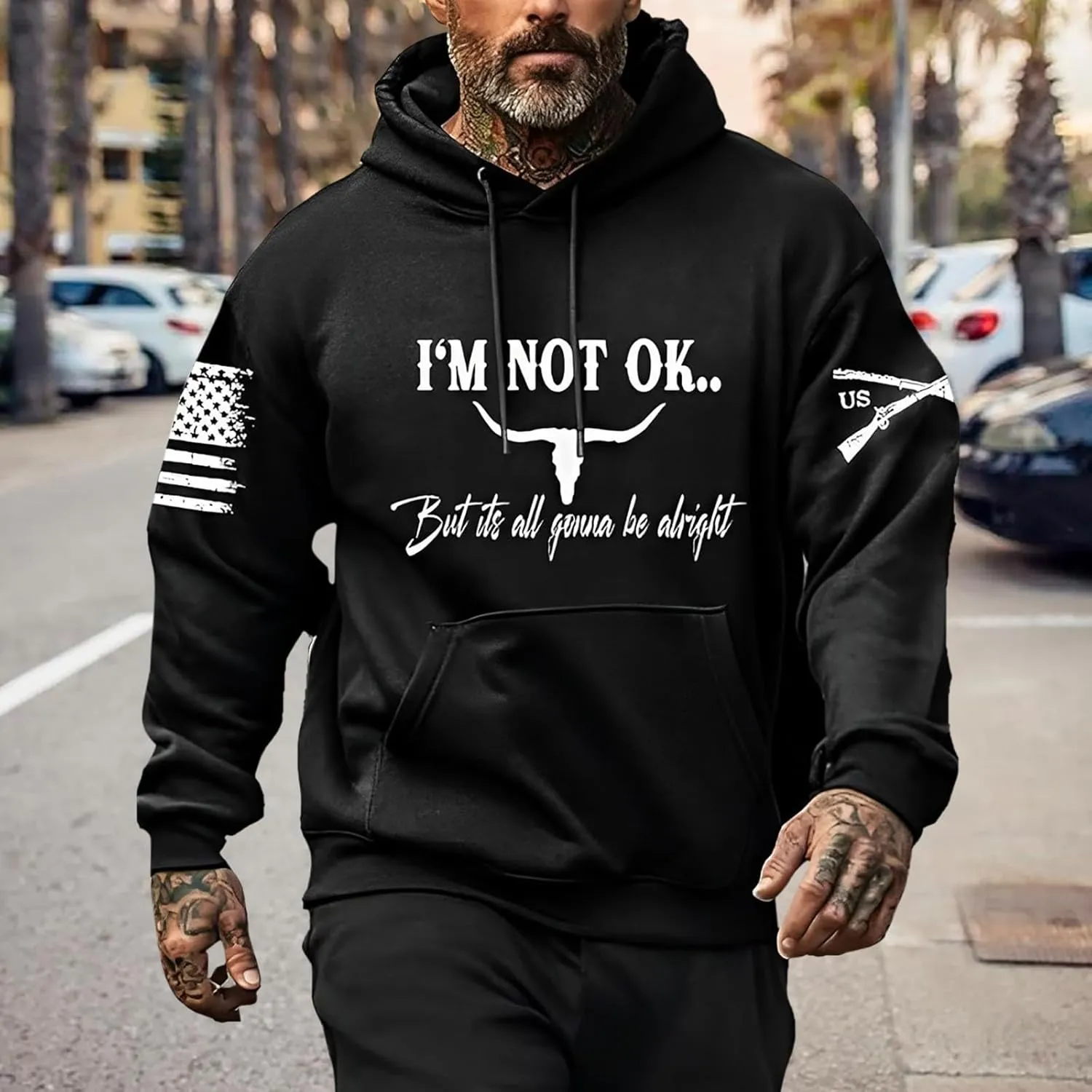 Men's Fashion I'm Not Ok But Its All Gonna Be Alright Print Positive Casual Soft Hoodie Crewneck Long Sleeve