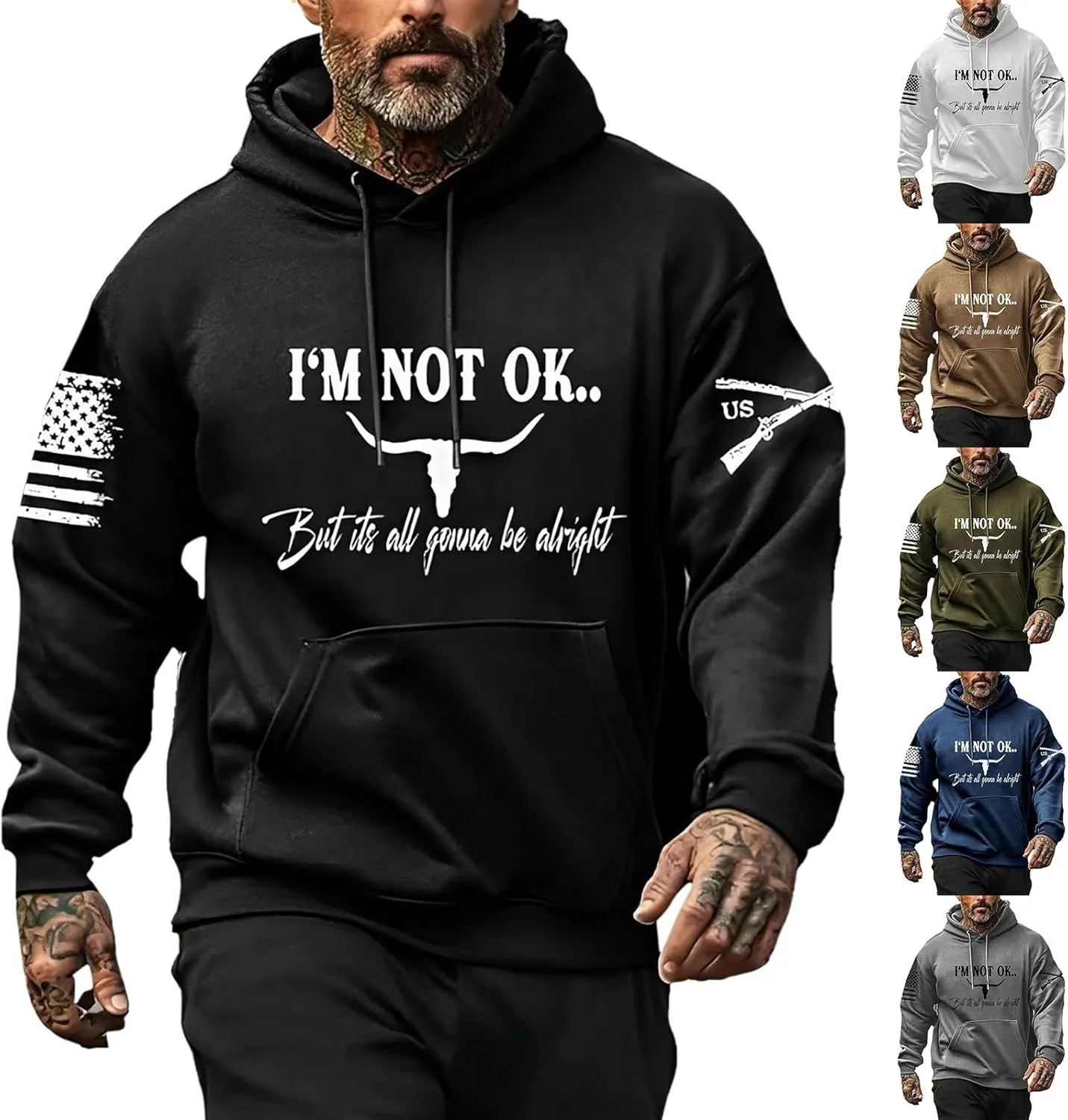 Men's Fashion I'm Not Ok But Its All Gonna Be Alright Print Positive Casual Soft Hoodie Crewneck Long Sleeve