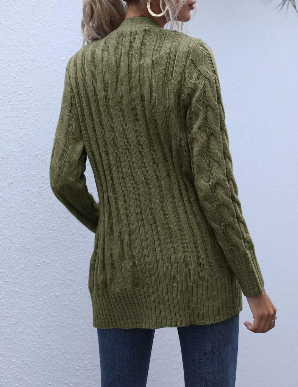 MEROKEETY Women's 2025 Fall Long Sleeve Cable Knit Sweater Open Front Cardigan Button Loose Outerwear