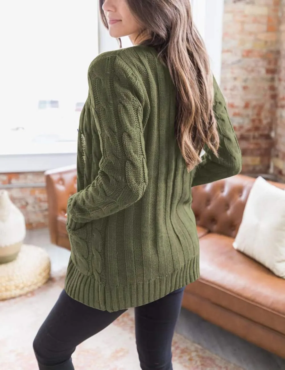 MEROKEETY Women's 2025 Fall Long Sleeve Cable Knit Sweater Open Front Cardigan Button Loose Outerwear