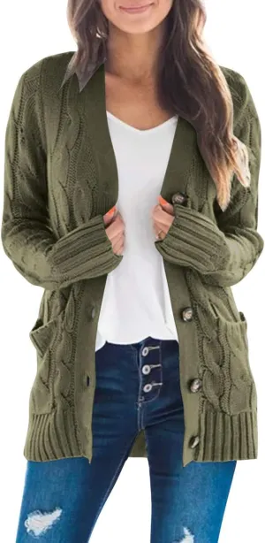 MEROKEETY Women's 2025 Fall Long Sleeve Cable Knit Sweater Open Front Cardigan Button Loose Outerwear