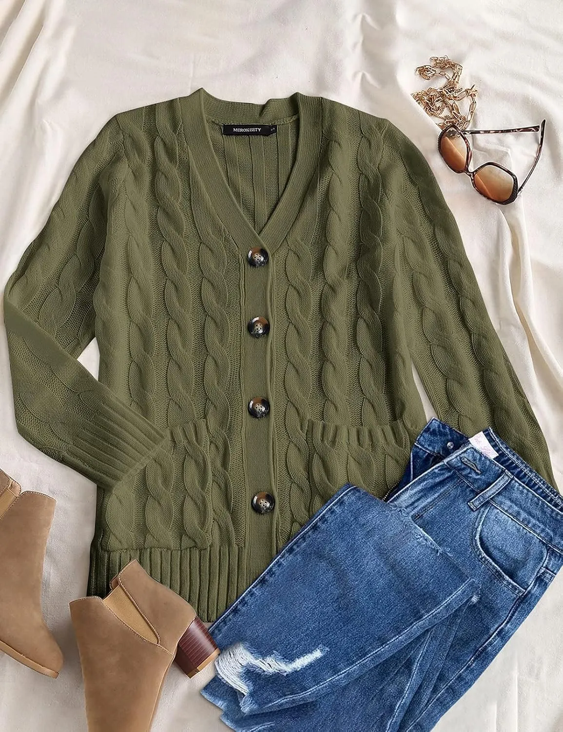 MEROKEETY Women's 2025 Fall Long Sleeve Cable Knit Sweater Open Front Cardigan Button Loose Outerwear