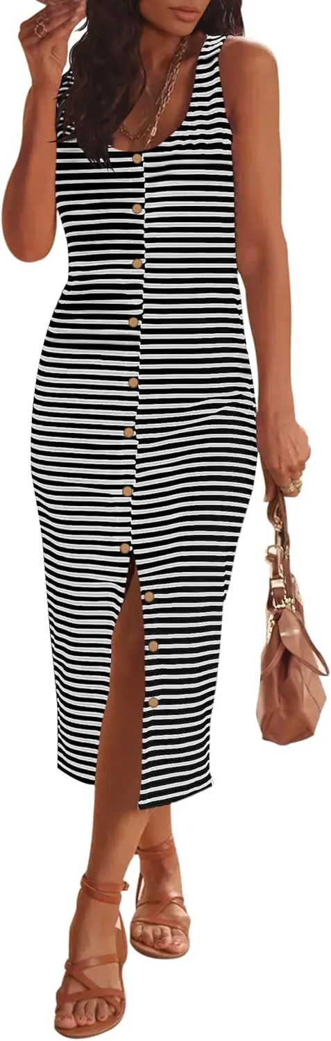 MEROKEETY Women's Summer Sleeveless Striped T Shirt Tank Midi Dress Casual Scoop Neck Bodycon Dresses