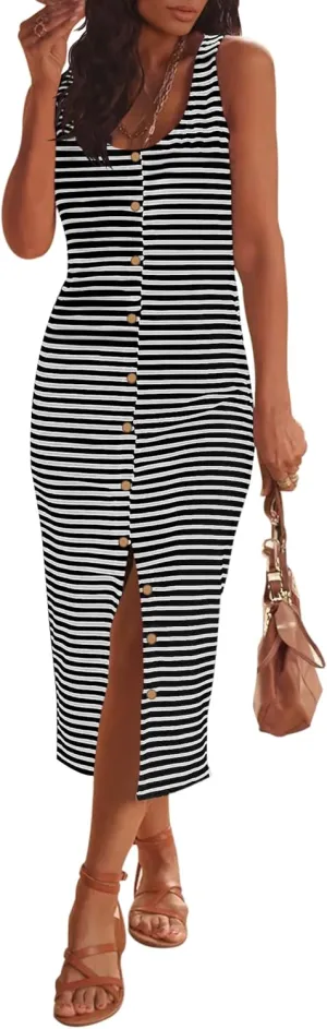 MEROKEETY Women's Summer Sleeveless Striped T Shirt Tank Midi Dress Casual Scoop Neck Bodycon Dresses