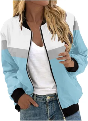 Mmoneyake Fall Jackets for Women 2024 Color Block Zip Up Bomber Jacket Casual Coat Stand Collar Lightweight Short Outwear Top