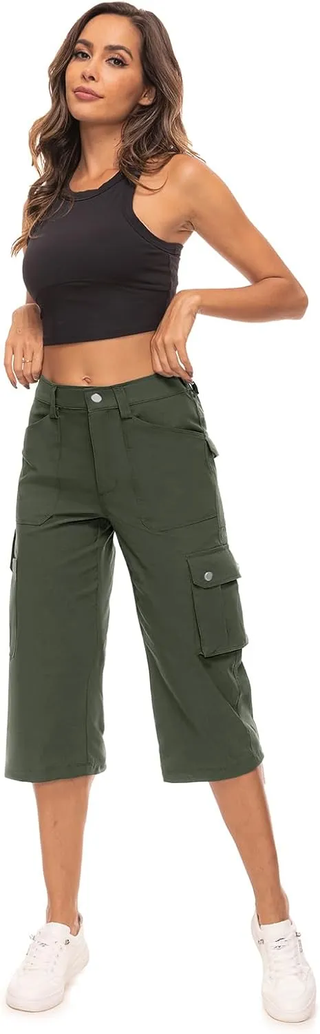 Moosehill Women's-Cargo-Capris-Pants High Waist Waterproof Hiking Casual Travel Summer Pants for Women with 6 Pockets
