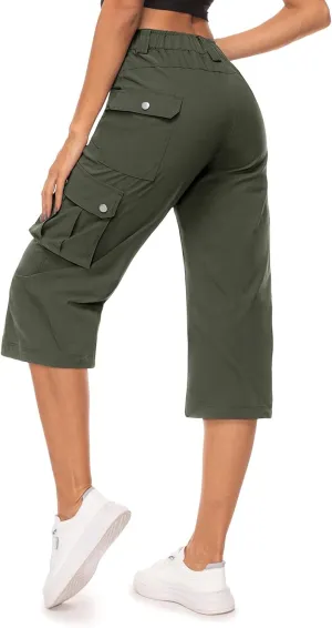 Moosehill Women's-Cargo-Capris-Pants High Waist Waterproof Hiking Casual Travel Summer Pants for Women with 6 Pockets