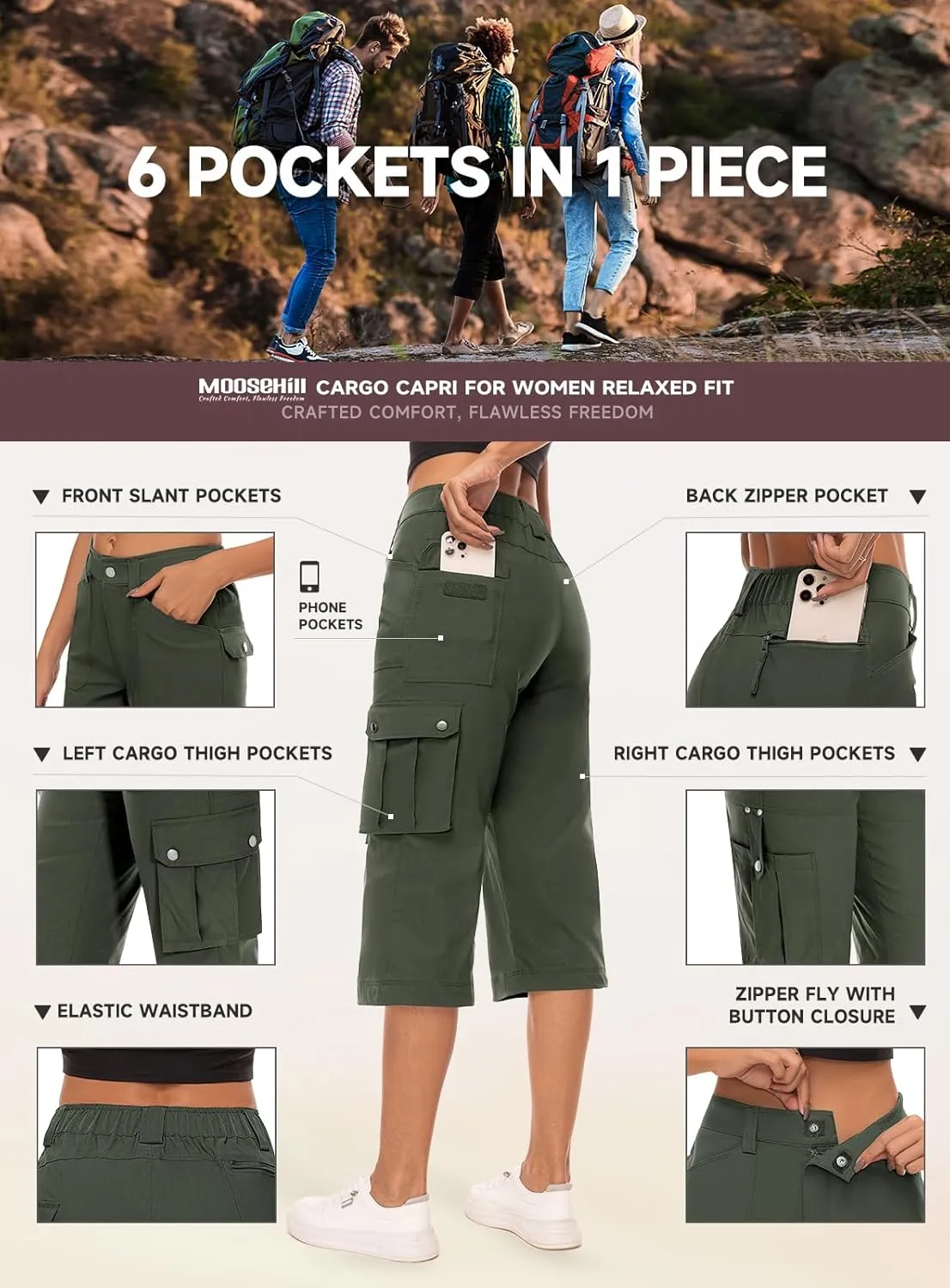 Moosehill Women's-Cargo-Capris-Pants High Waist Waterproof Hiking Casual Travel Summer Pants for Women with 6 Pockets